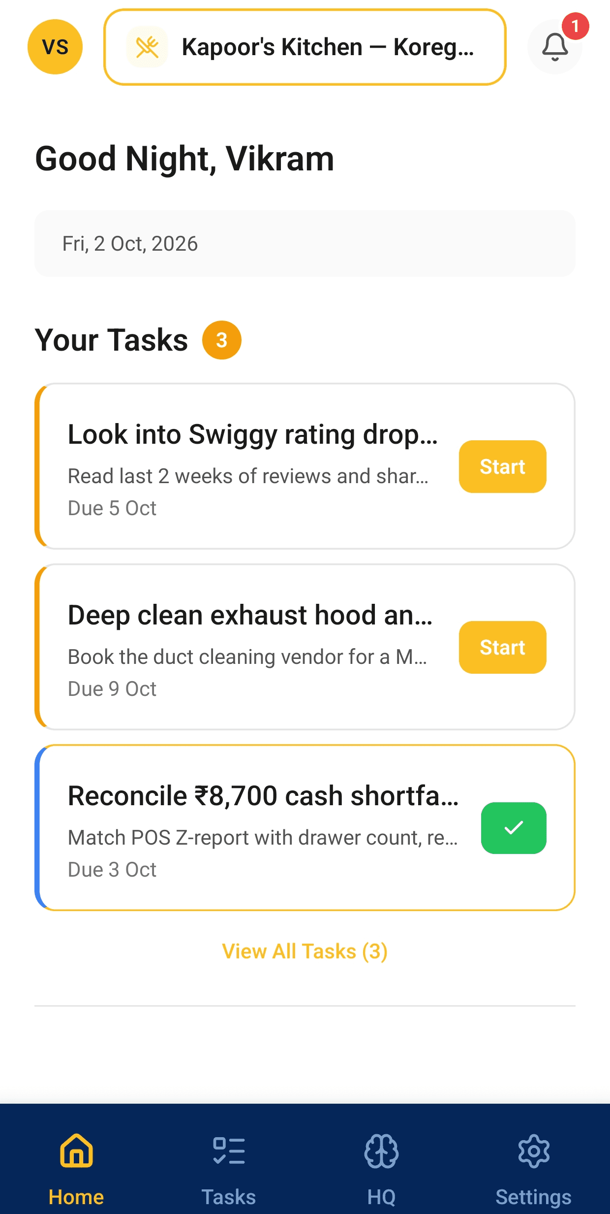 ClivoDaily manager home showing today's tasks for one outlet