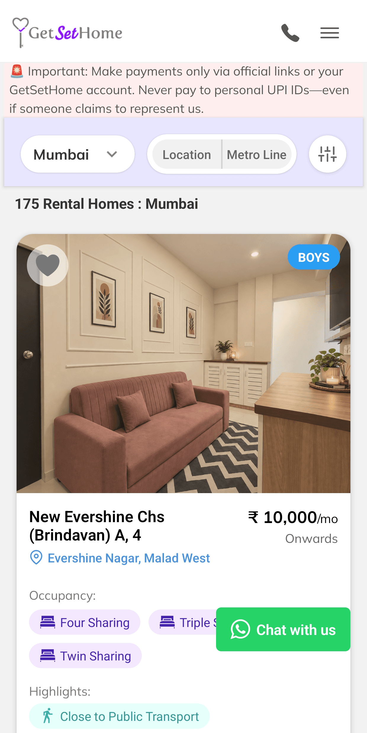 GetSetHome rental listings in Mumbai with location and metro line filters