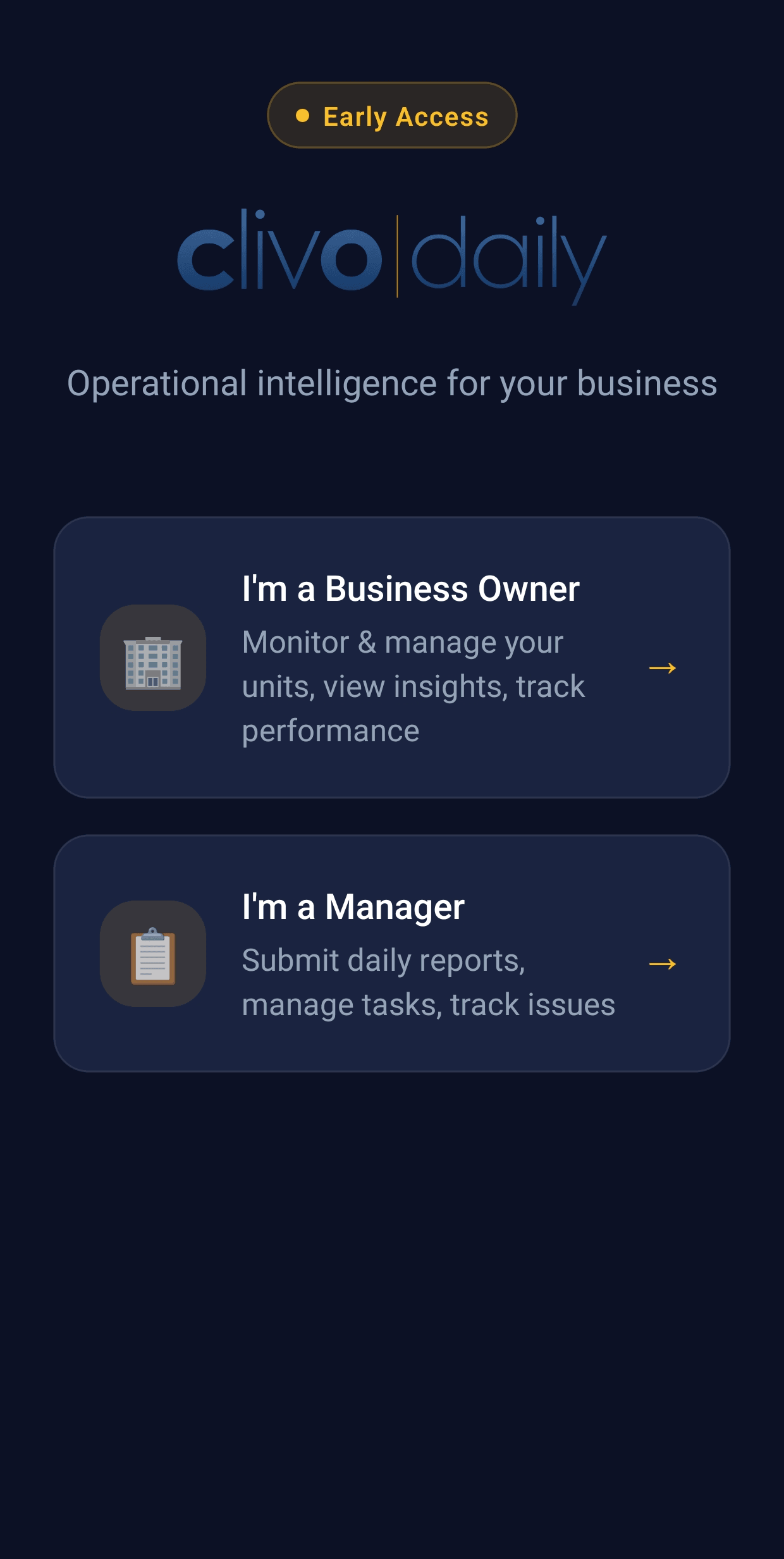 ClivoDaily welcome screen asking whether you are a business owner or a manager
